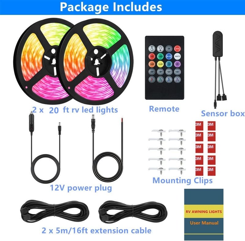 Vbakor RV Awning Lights, 40FT RV Underglow Led Lights Kit, 12V Multi-Color Exterior Neon Accent Underbody Strip Lights for Camper Motorhome with Extension Cable, Music Sync, Waterproof - Image 2